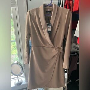 Tommy Hilfiger Tan Sheath Dress with Cowl Neck and Long Sleeves